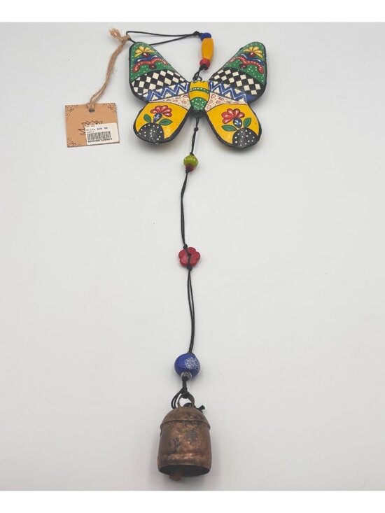 Handcrafted Other - Handmade Painted Floral Butterfly Wind chime iron 21 inches long glass beads